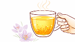 Illustration of a hand holding a warm cup of saffron tea