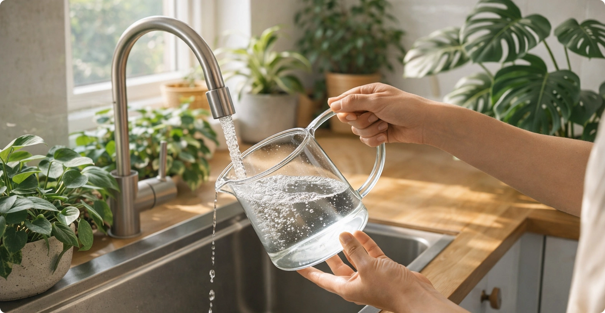Filling a watering jug with water at the kitchen tap