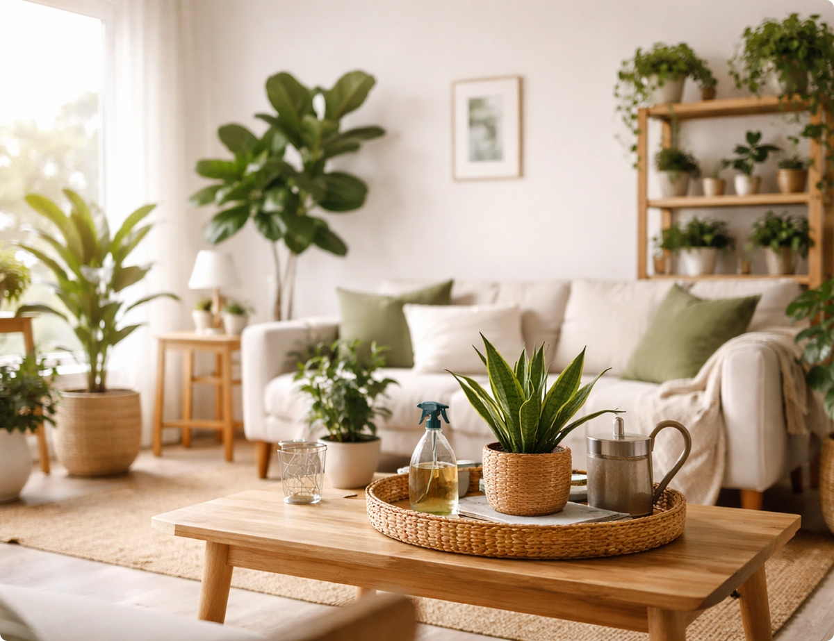 Bright living room filled with healthy houseplants