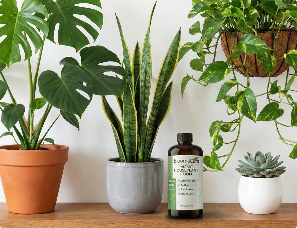 Monstera, snake plant, pothos and succulent next to the plant food bottle