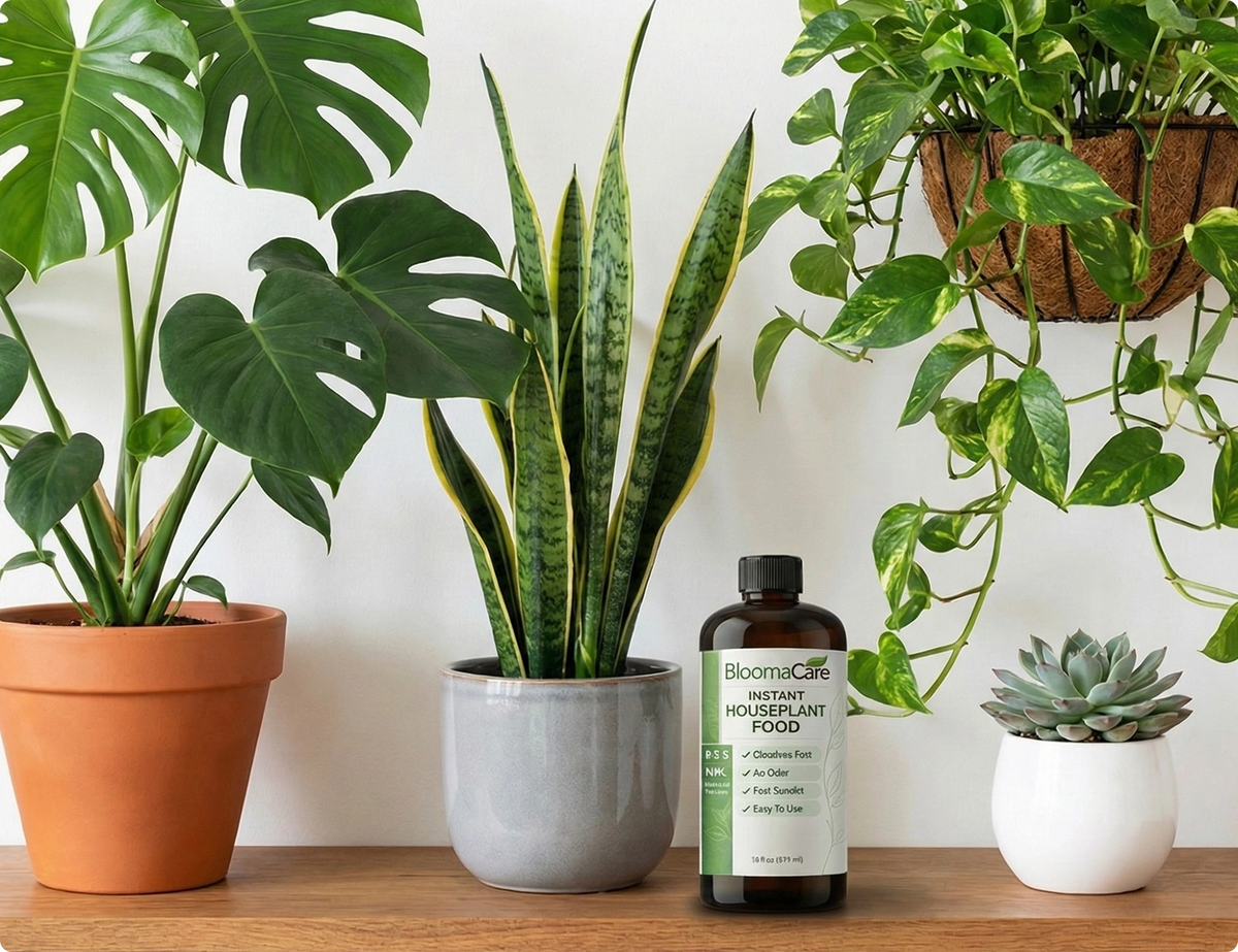 Monstera, snake plant, pothos and succulent next to the plant food bottle
