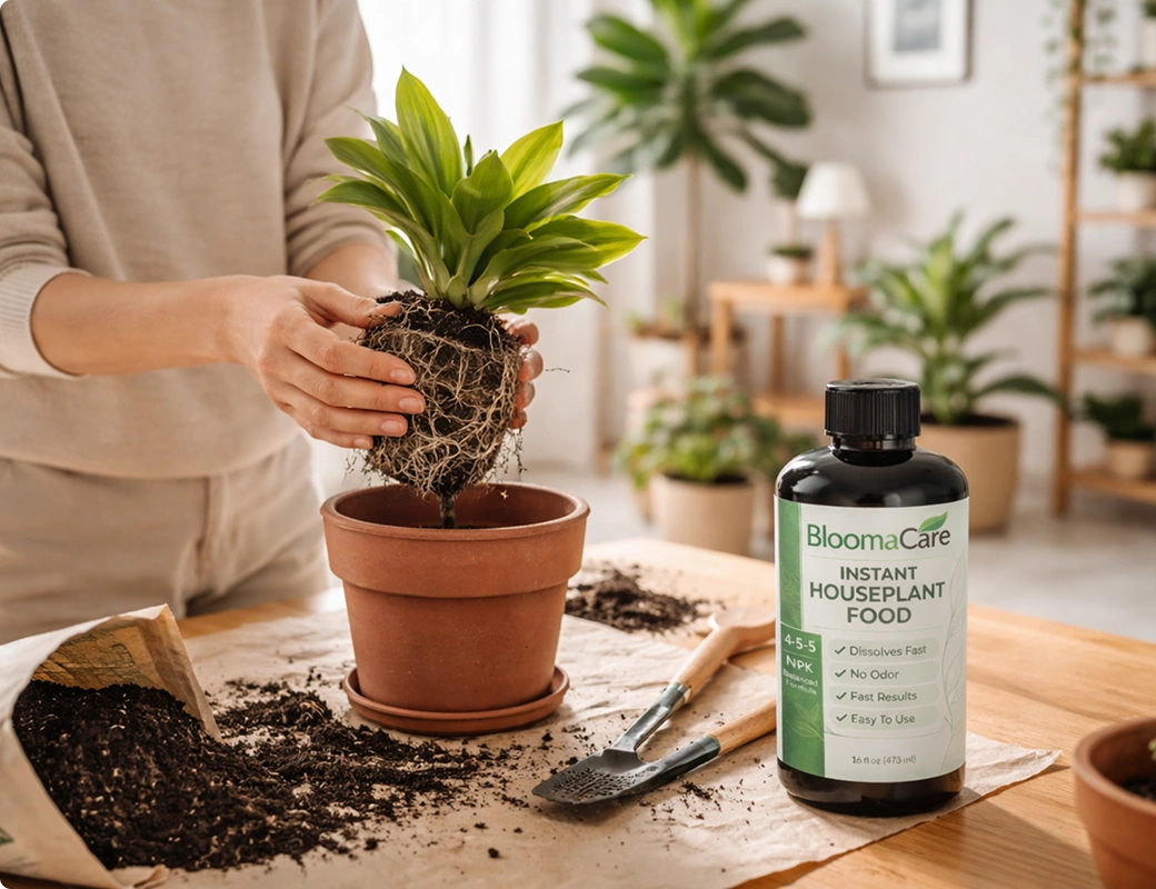 Repotting a plant next to the bottle of liquid plant food