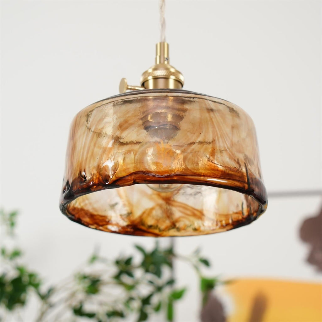 Amberlyn vintage-pendellampe i ravfarvet glas — E26-fatning, dæmpbar