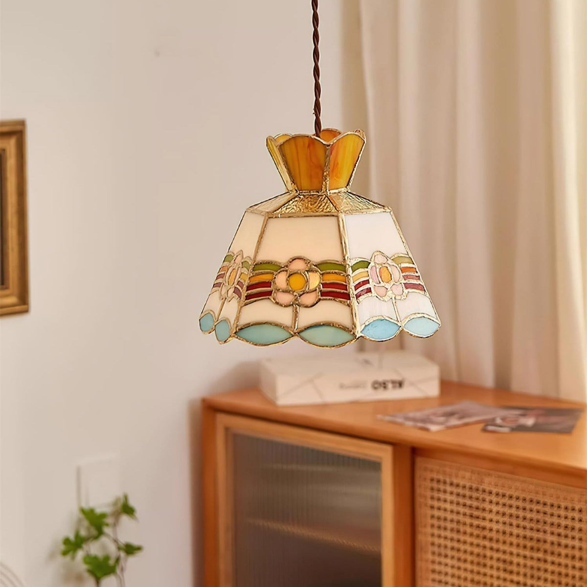 Lámpara colgante de vidrio para jardín - motivo floral amarillo y rosa