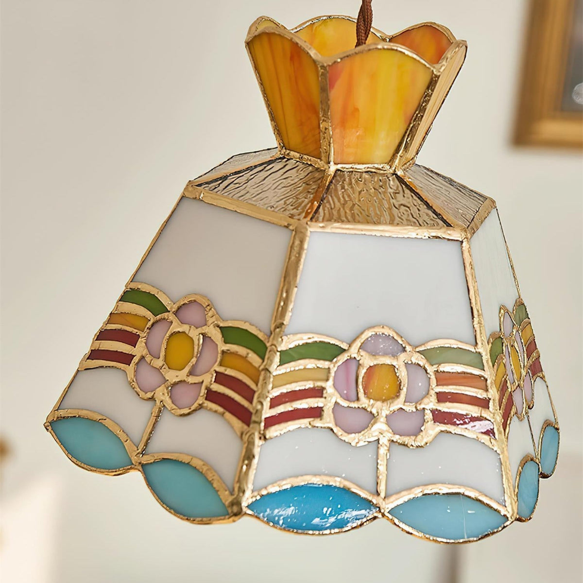 Lámpara colgante de vidrio para jardín - motivo floral amarillo y rosa