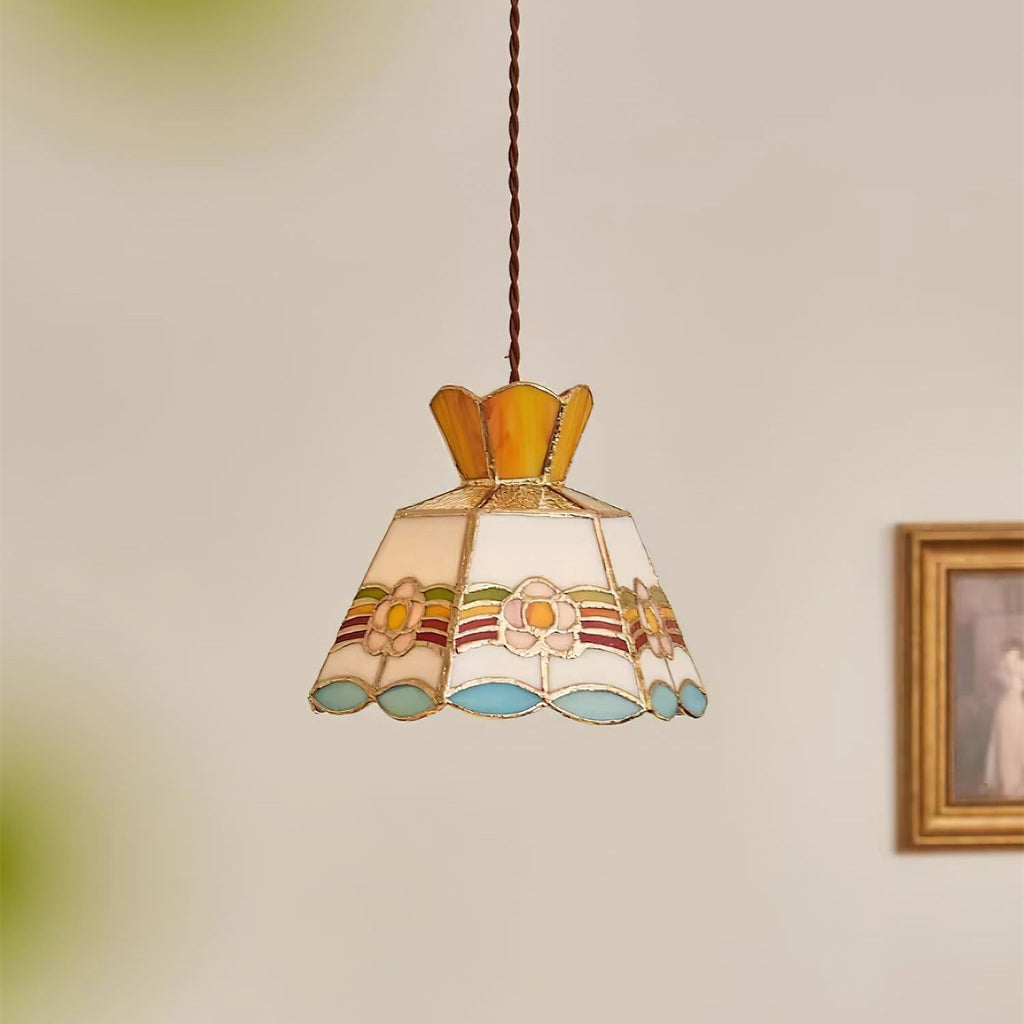 Lámpara colgante de vidrio para jardín - motivo floral amarillo y rosa
