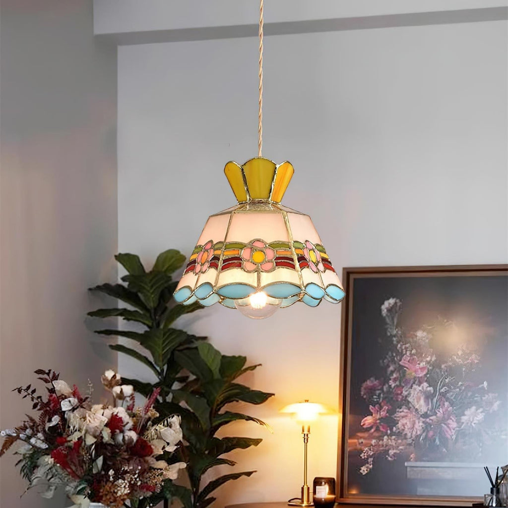Lámpara colgante de vidrio para jardín - motivo floral amarillo y rosa