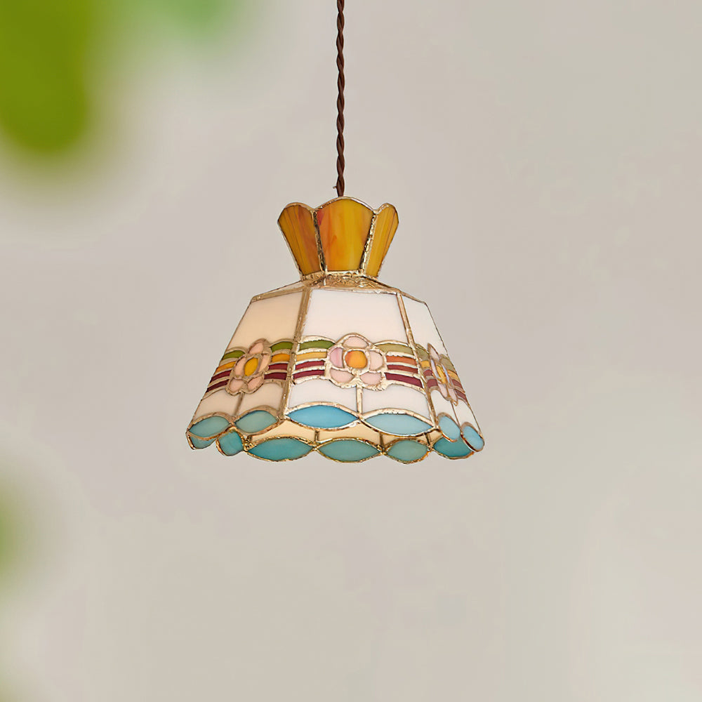 Lámpara colgante de vidrio para jardín - motivo floral amarillo y rosa