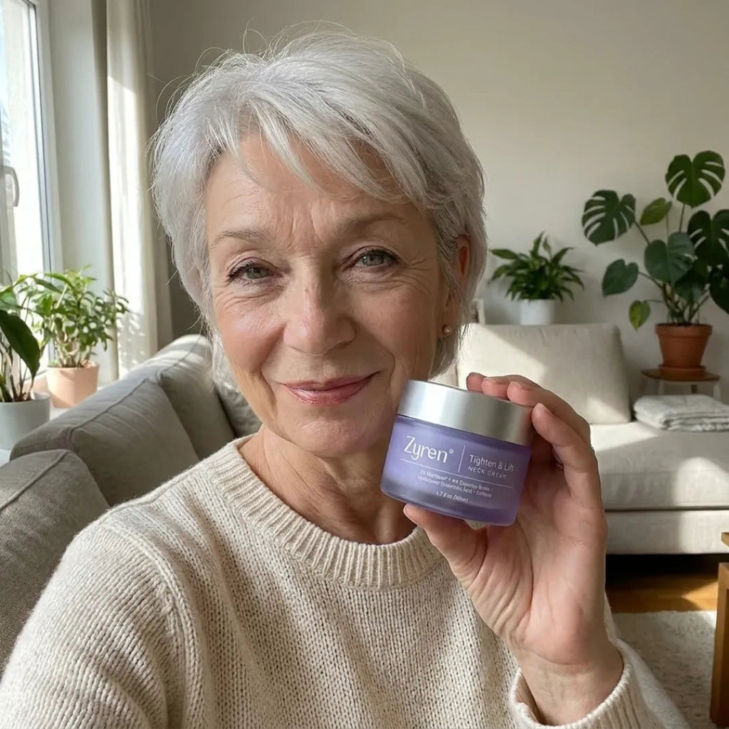 Smiling woman holding the jar of neck cream at home