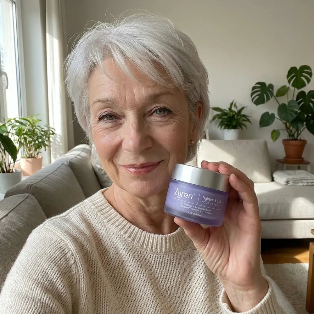 Smiling woman holding the jar of neck cream at home