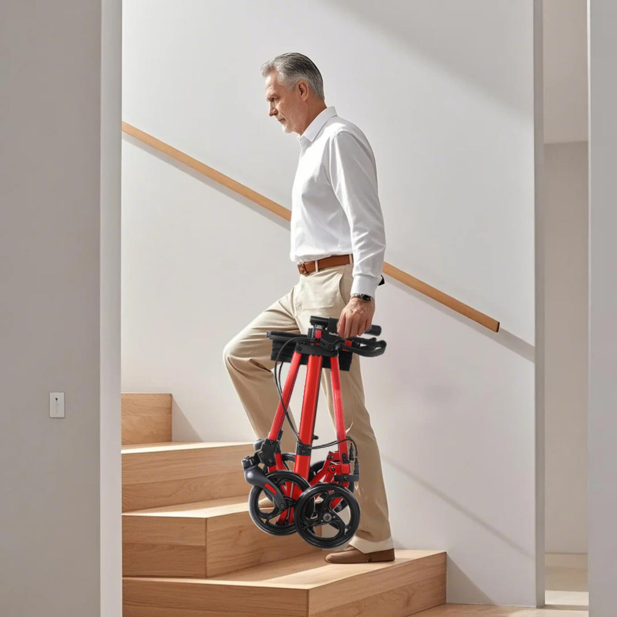 Man carrying the folded rollator up the stairs