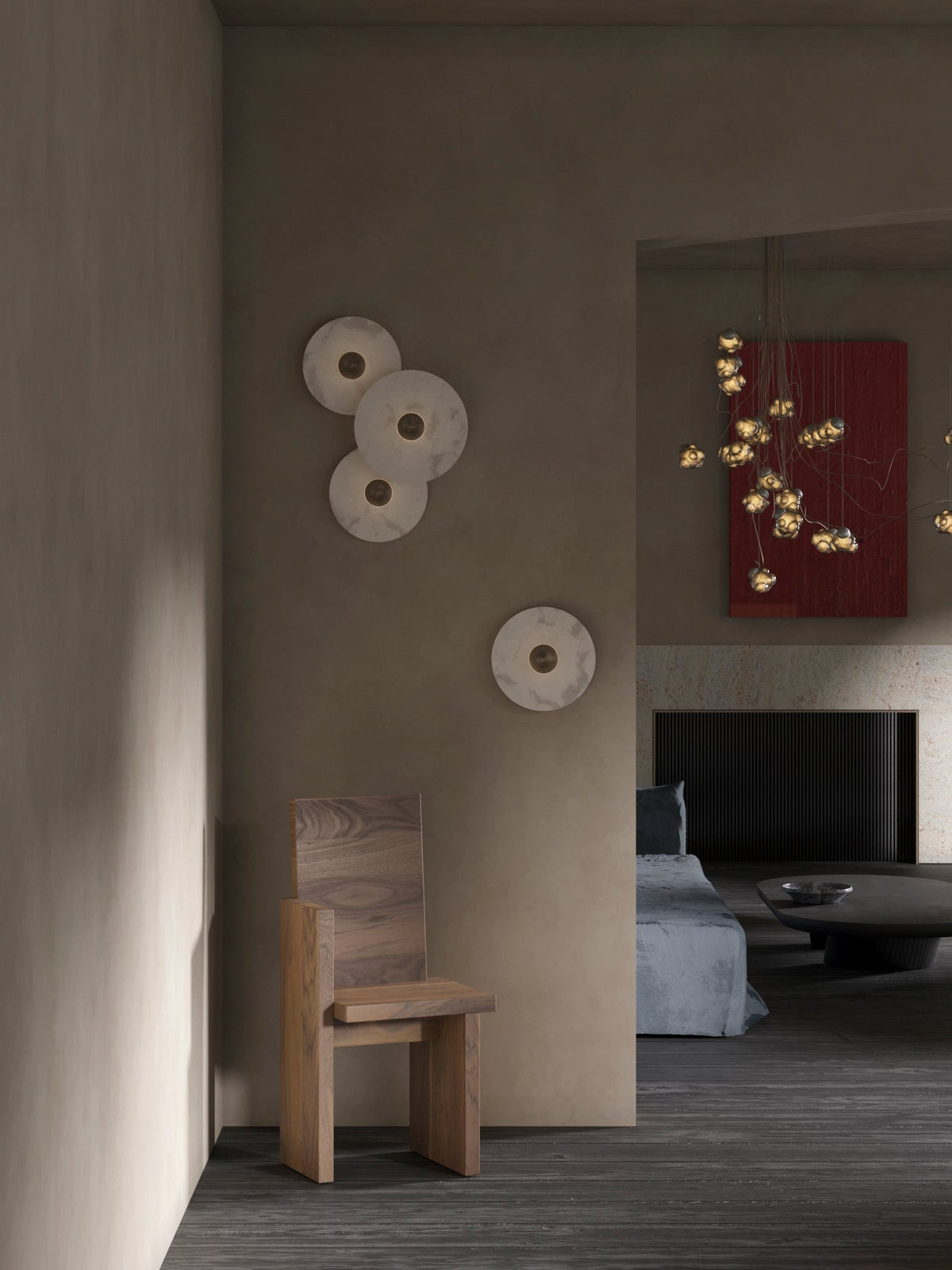 Applique murale ronde en albâtre cannelé — support en laiton, diamètre de 20 à 35 cm