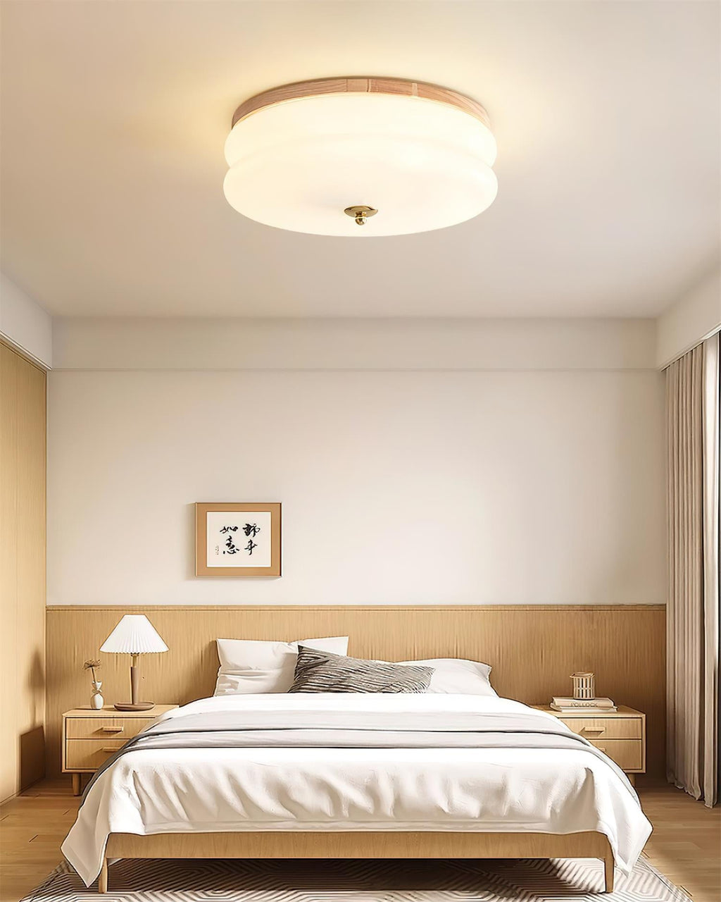 Minimalist Double-Layer Glass Disc Ceiling Light — Walnut Wood, Integrated LED