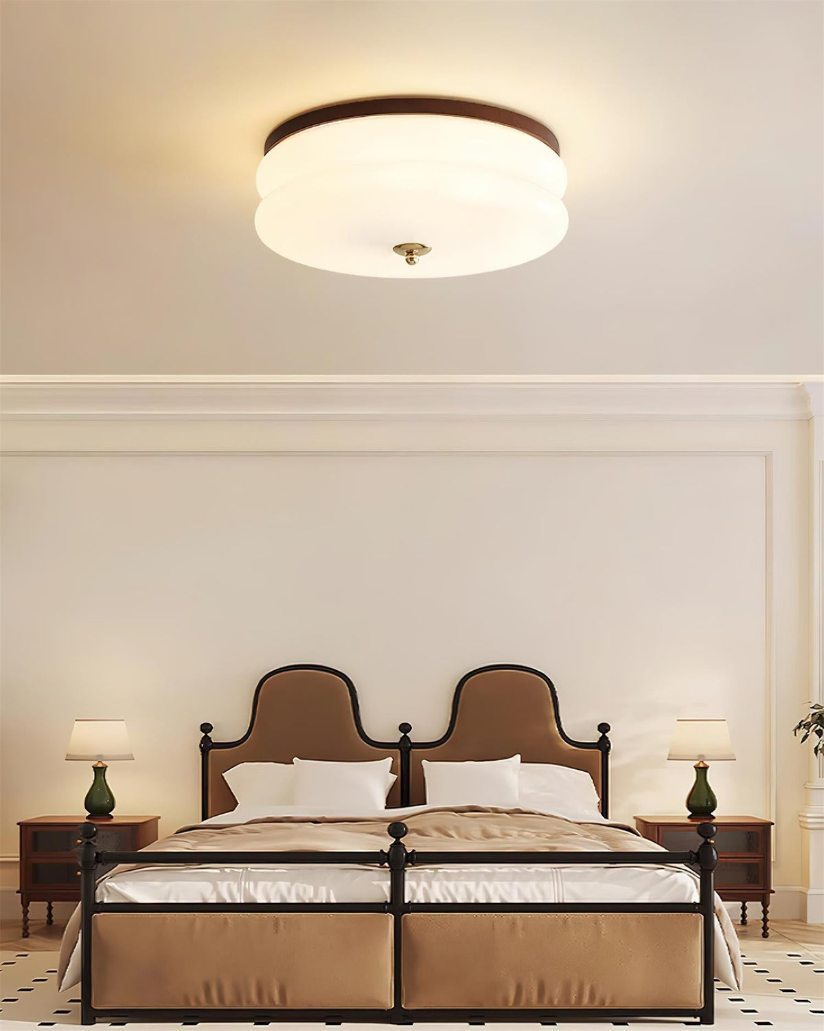 Minimalist Double-Layer Glass Disc Ceiling Light — Walnut Wood, Integrated LED