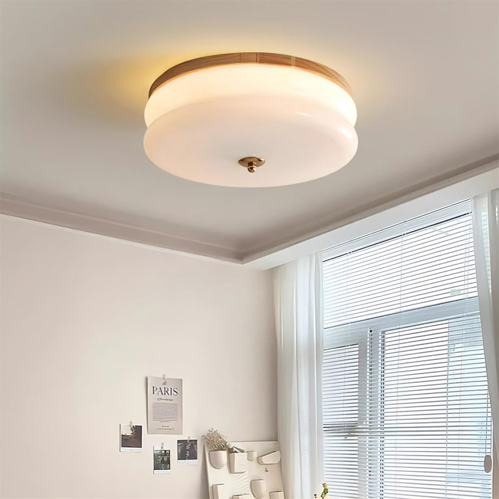 Minimalist Double-Layer Glass Disc Ceiling Light — Walnut Wood, Integrated LED