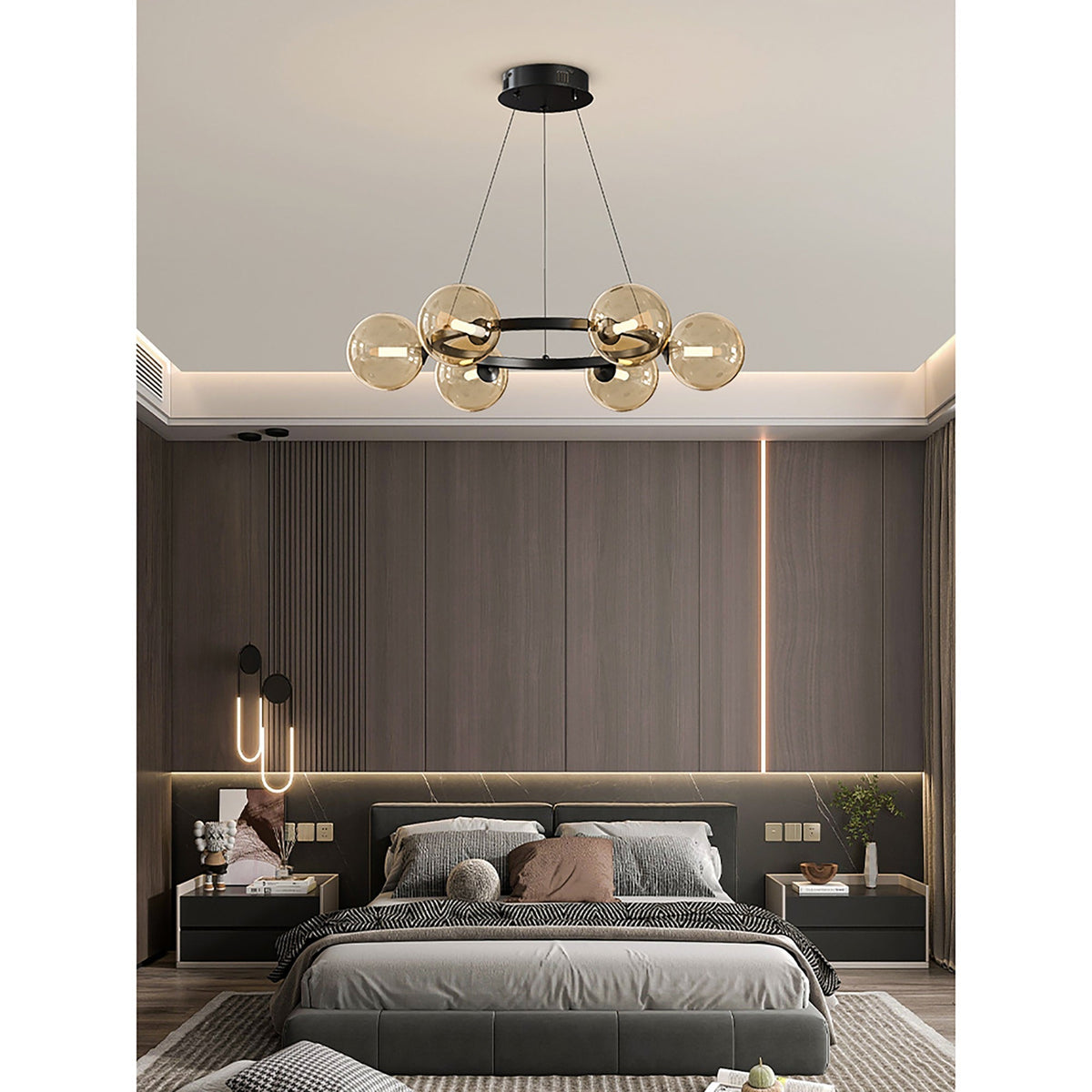 Rylian Modern Cam Avize — 58cm Füme Gri ve Kehribar