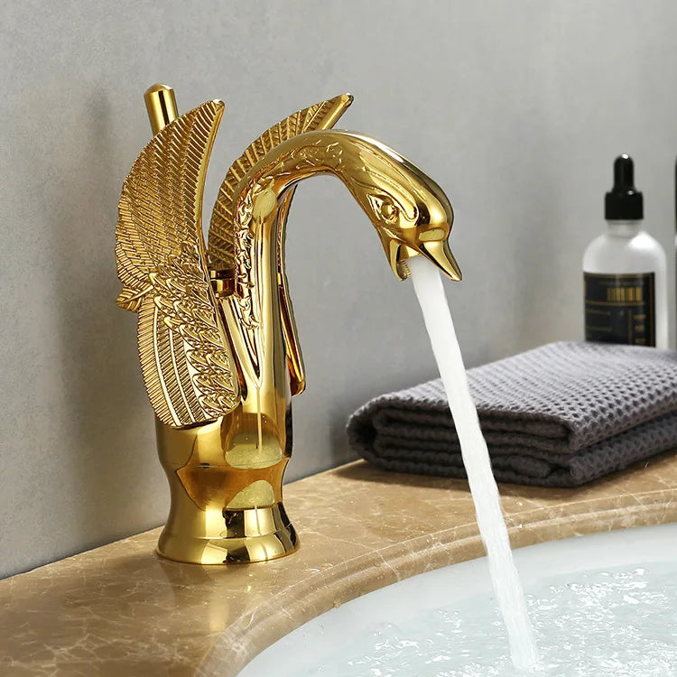 AuroraLuxHome Rubinetto per Lavabo con Maniglia Singola Swan Dorato