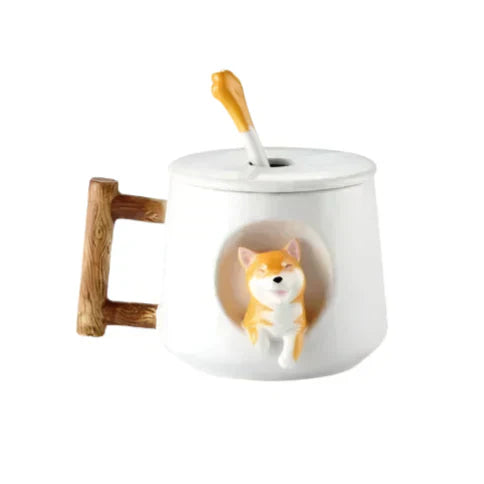 Shiba Inu Keramik-Paarbecher mit Löffel und Deckel – Charmante und kreative Kaffeetasse für Teeliebhaber – Niedlich und bezaubernd