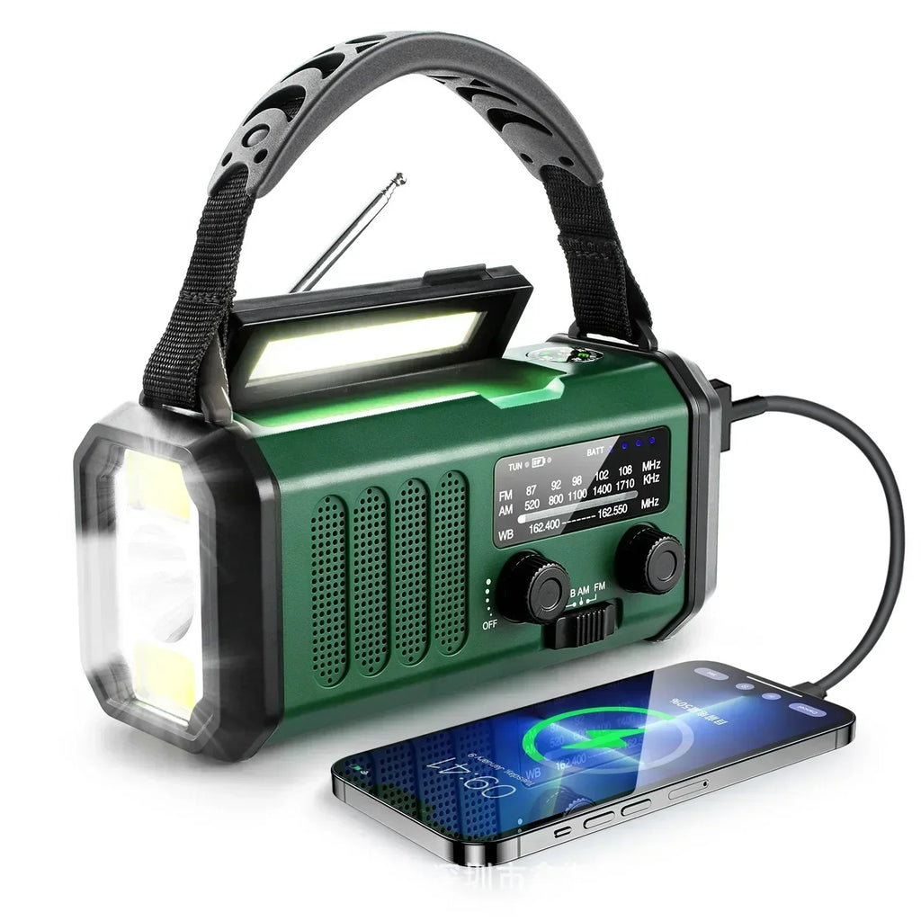 רדיו חירום סולארי עם ידית הפעלה, סוללה 10000mAh, NOAA, פאוור בנק ופנס