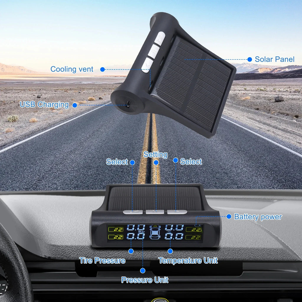 Lastik Basıncı İzleme Sistemi - Güneş Enerjili ve USB - 4 Sensörlü - Gerçek Zamanlı LCD Ekran - Evrensel Araç Uyumu