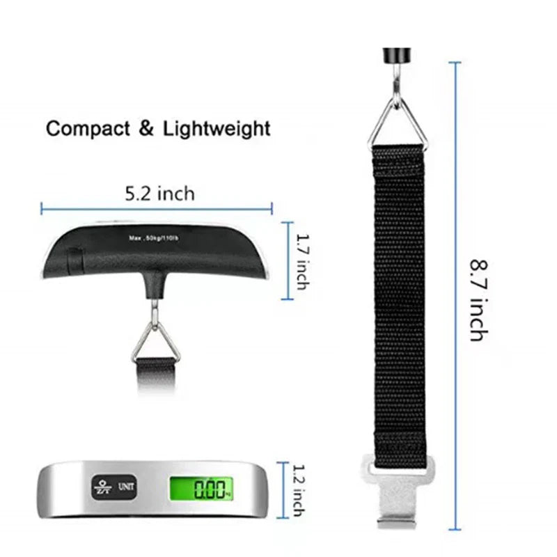 Digitální váha na zavazadla - kapacita 50 kg - přesnost 50 g - LCD displej - páskový a háčkový typ