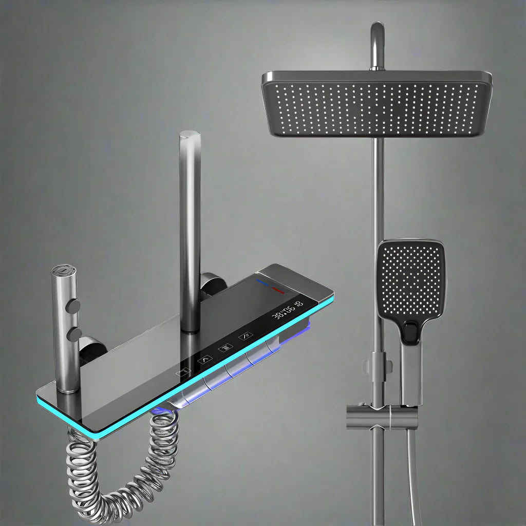 Luxura digitalni zaslon sustava za tuširanje s vodopadom – miješalica za kišu od mesinga s LED lampom