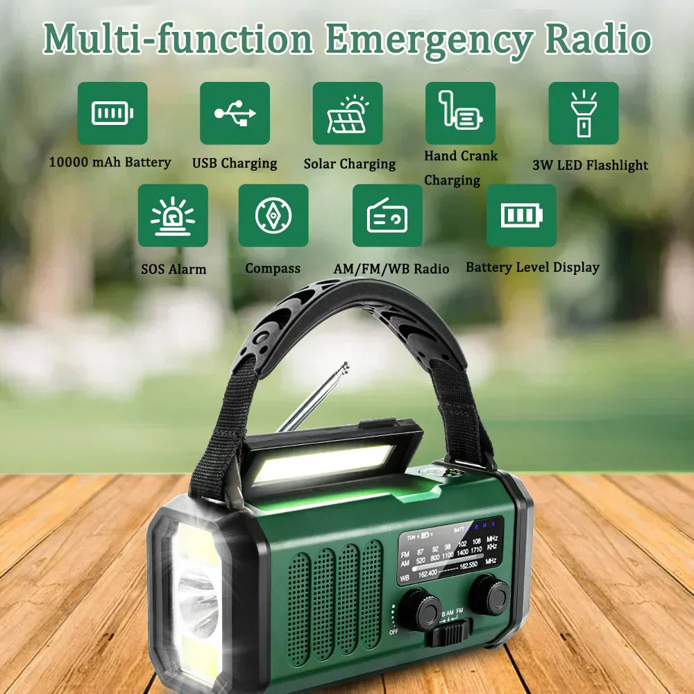 רדיו חירום סולארי עם ידית הפעלה, סוללה 10000mAh, NOAA, פאוור בנק ופנס