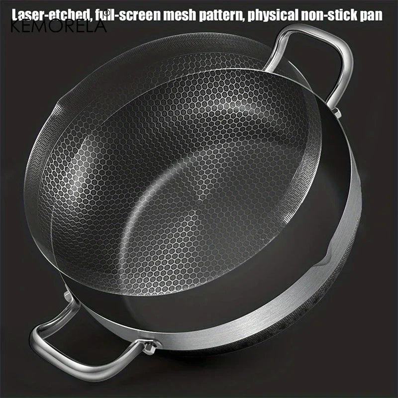 Stainless Steel Non-Stick Frying Pan & Soup Pot with Honeycomb Bottom – 26/28/30CM, Glass Lid, Induction & Gas Compatible