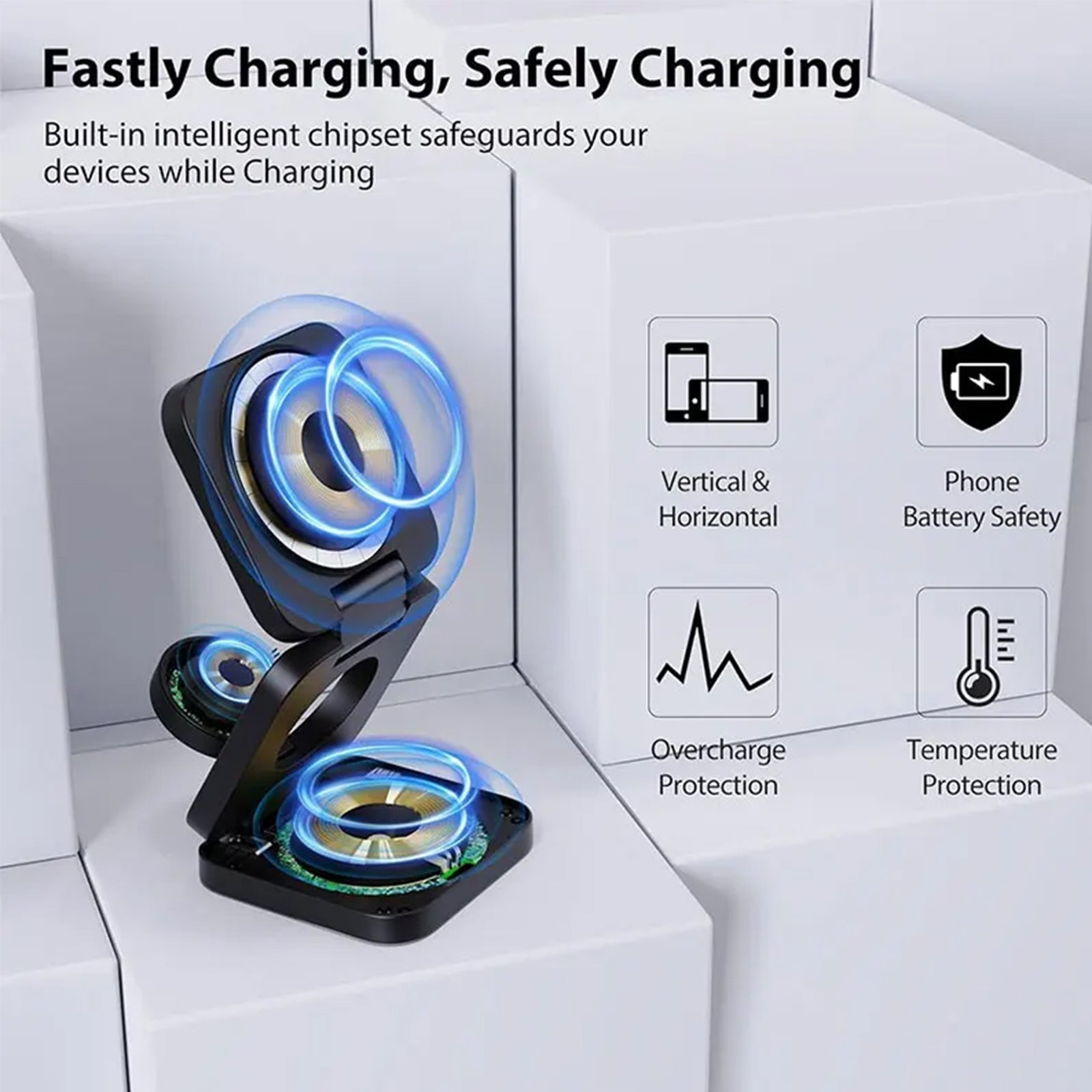 磁性折叠快速无线充电器 三合一 适用于苹果手机、无线耳机和智能手表