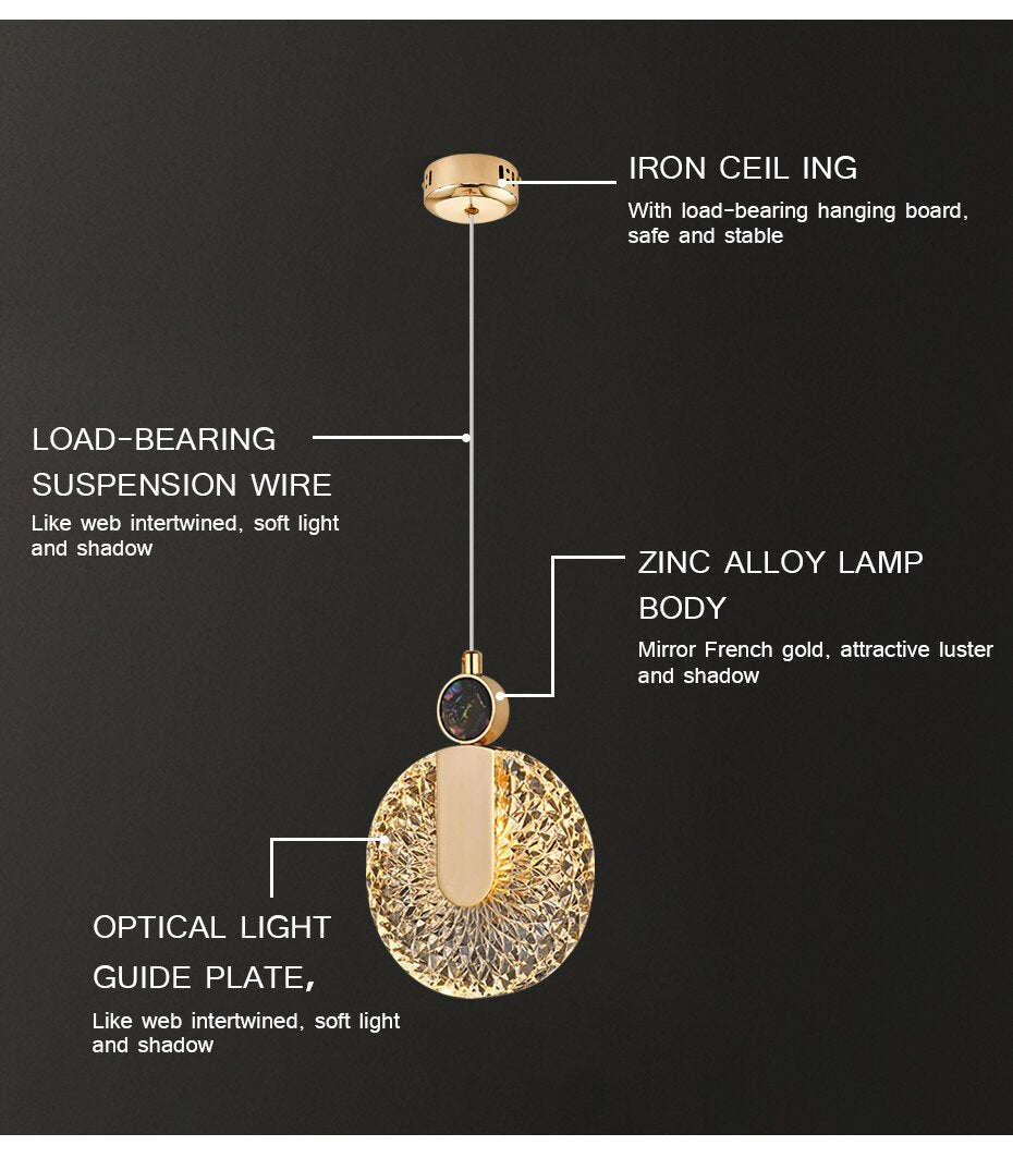 Lámpara colgante redonda de cristal con luz LED dorada de lujo DUN
