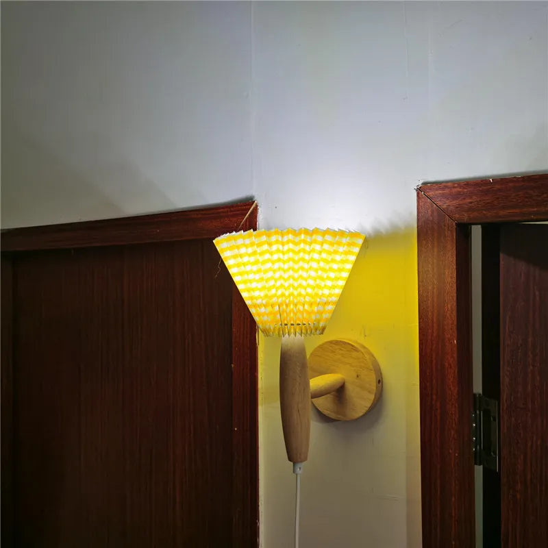 Lyren Nordic Wood Wall Sconce With Pleated Shade Glow
