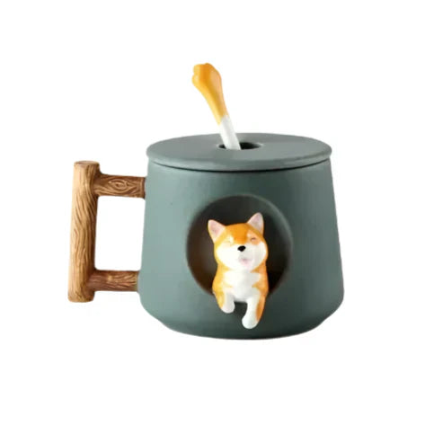 Shiba Inu Keramik-Paarbecher mit Löffel und Deckel – Charmante und kreative Kaffeetasse für Teeliebhaber – Niedlich und bezaubernd