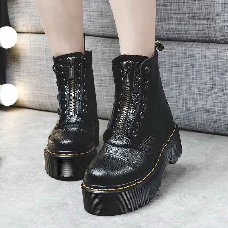 Botas de plataforma de cuero genuino para mujer – Zapatos de motocicleta con cremallera frontal y suelas ópticas