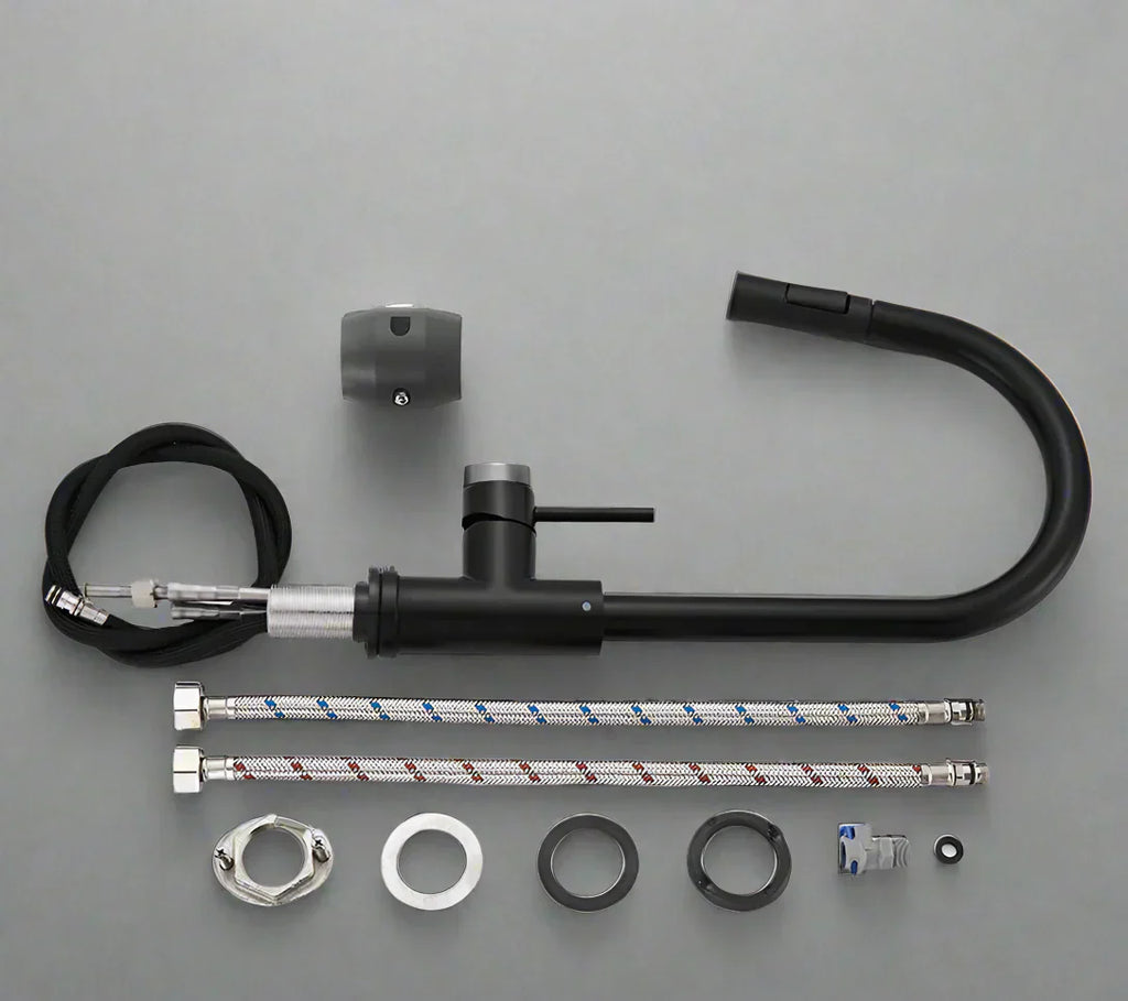 صنبور مطبخ أسود أنيق: فوهة قابلة للسحب مرنة مع وضعين مزدوجين