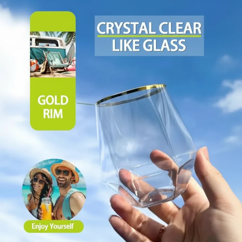 Stilleglass uten stilk - Plastglass med gullkant til festdrikke