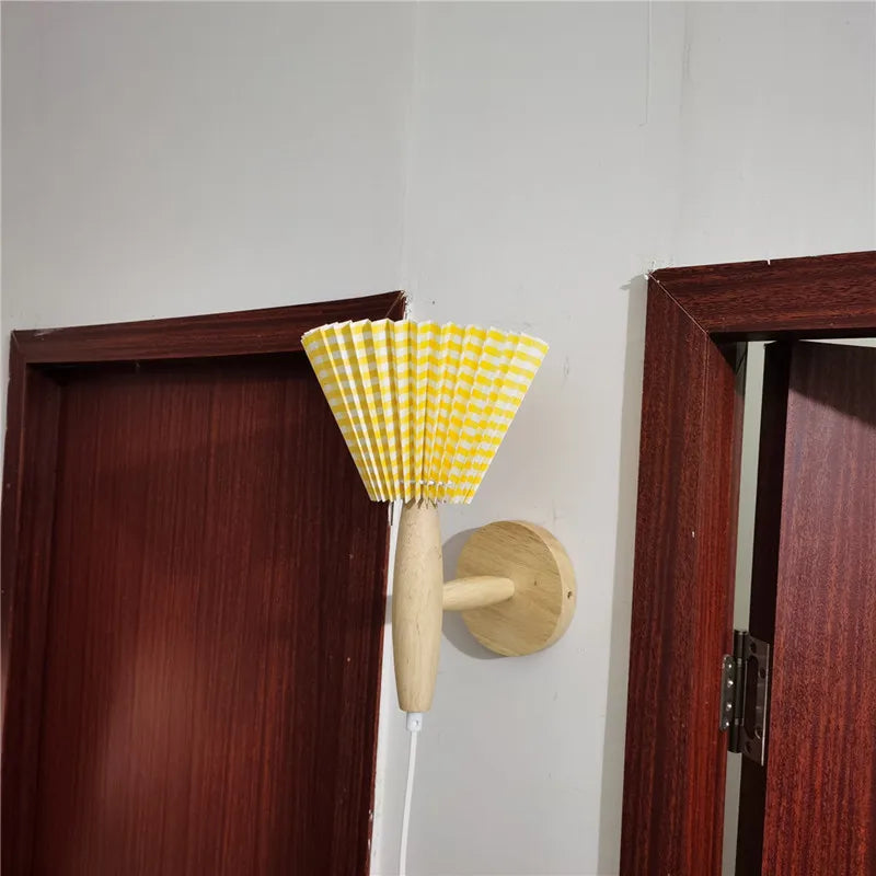 Lyren Nordic Wood Wall Sconce With Pleated Shade Glow