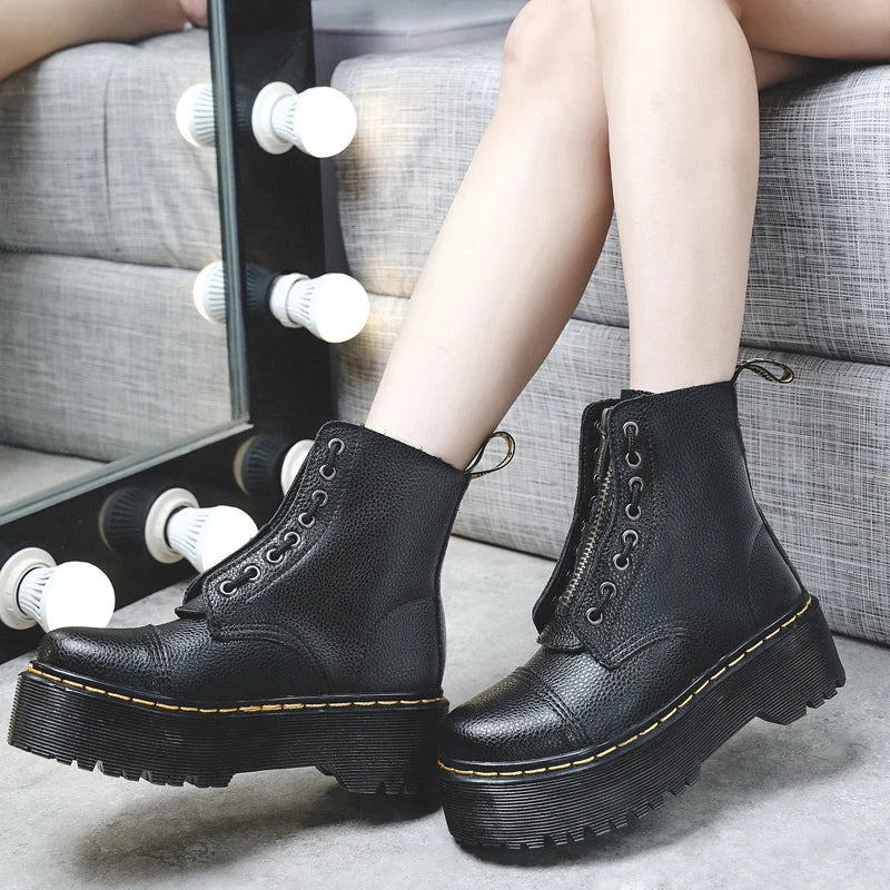 Botas de plataforma de cuero genuino para mujer – Zapatos de motocicleta con cremallera frontal y suelas ópticas