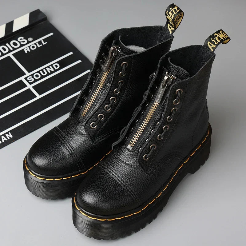 Botas de plataforma de cuero genuino para mujer – Zapatos de motocicleta con cremallera frontal y suelas ópticas
