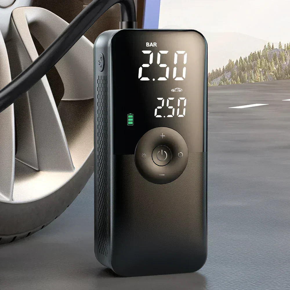 Bærbar digital luftpumpe med powerbank og belysning til alle dine oppustningsbehov