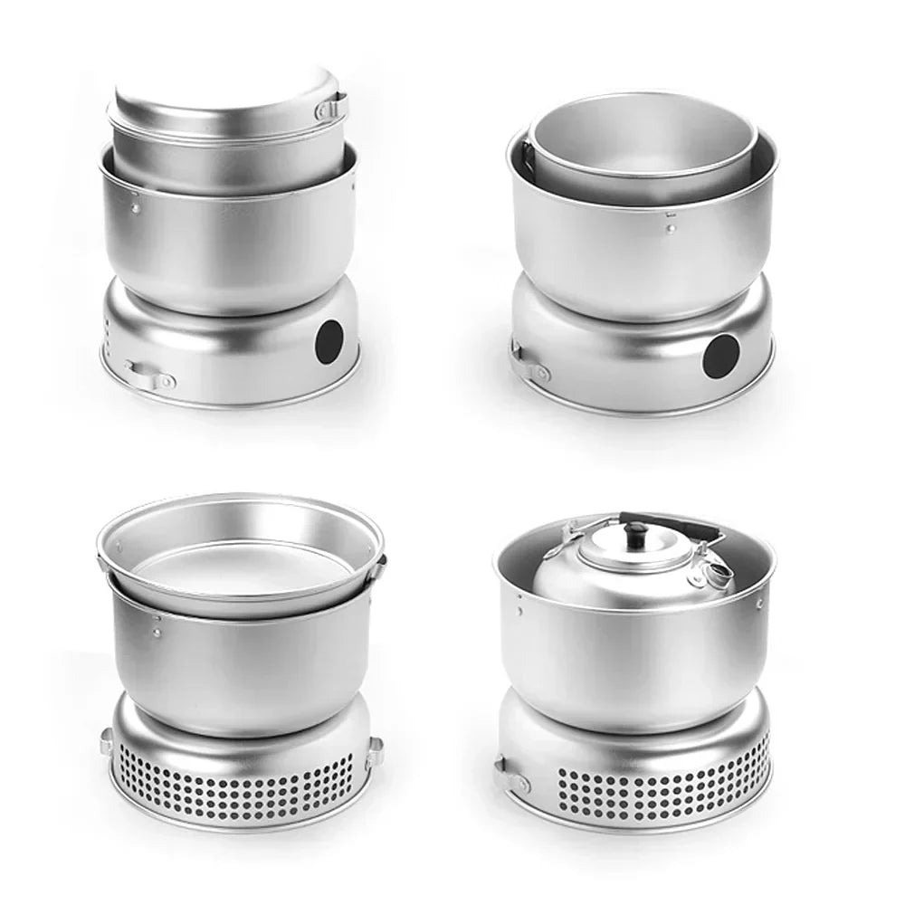 10件套露营炉具套装 – 户外炊具组合，含锅具、平底锅、水壶、酒精炉等，适合徒步、背包旅行和露营使用