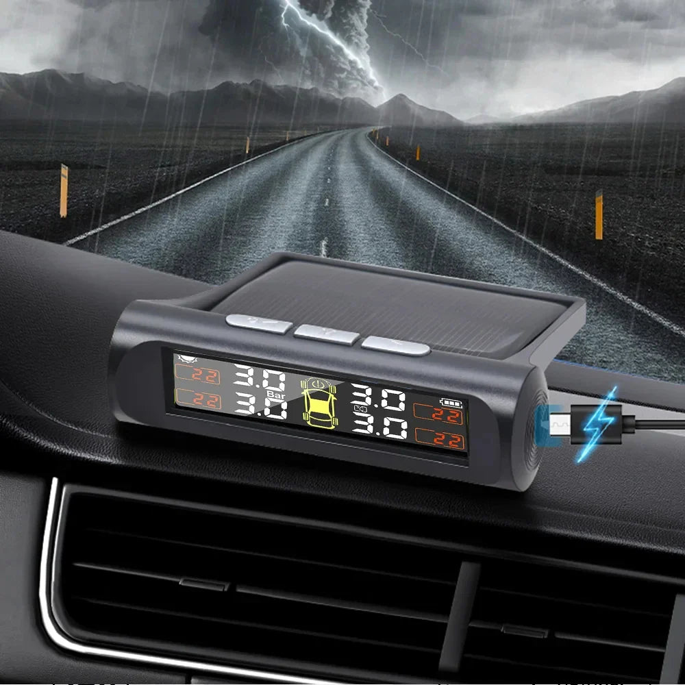 Lastik Basıncı İzleme Sistemi - Güneş Enerjili ve USB - 4 Sensörlü - Gerçek Zamanlı LCD Ekran - Evrensel Araç Uyumu