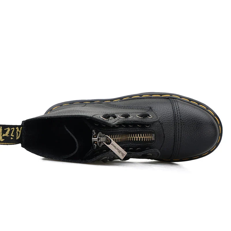 Botas de plataforma de cuero genuino para mujer – Zapatos de motocicleta con cremallera frontal y suelas ópticas