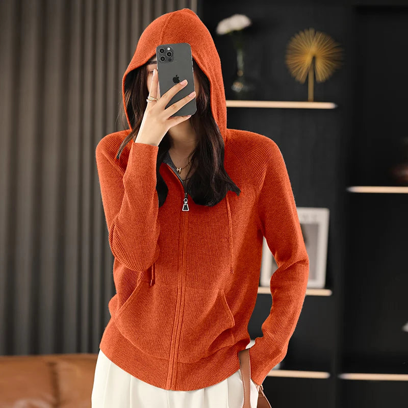 Lana vlněný svetr s kapucí na zip – silný pletený kabát na podzim a zimu