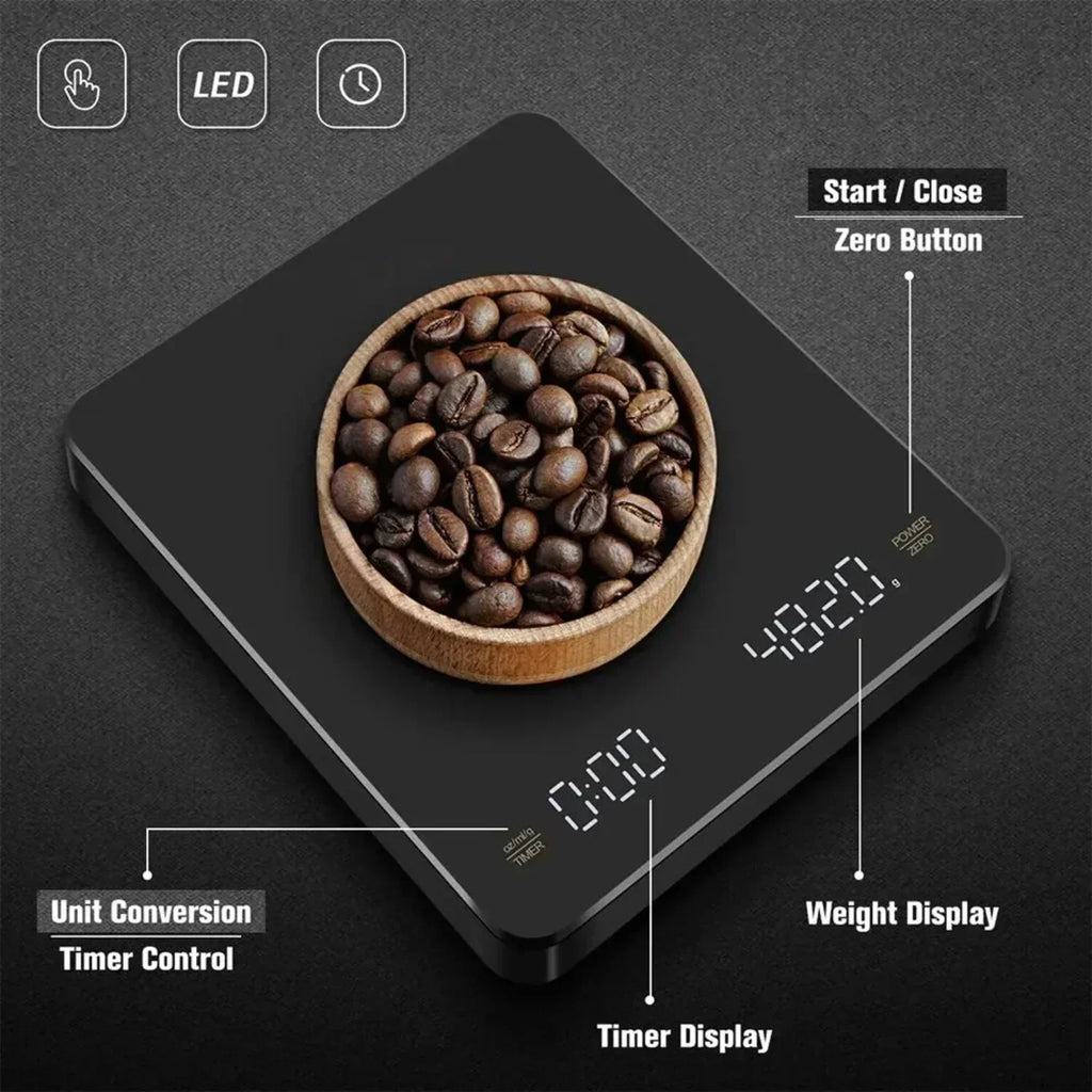 ميزان قهوة رقمي USB عالي الدقة مع مؤقت وشاشة LED - قياس فائق الدقة حتى 0.1 غرام للإسبريسو والاستخدام في المطبخ