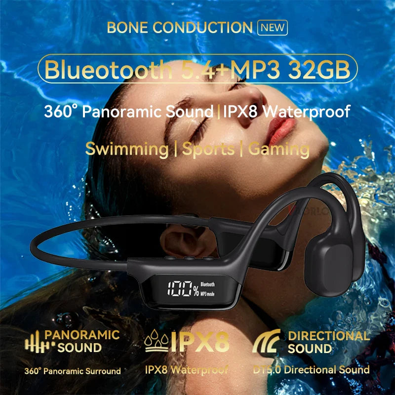 骨传导耳机 - 蓝牙5.4 - IPX8防水 - MP3与蓝牙模式 - 6种颜色