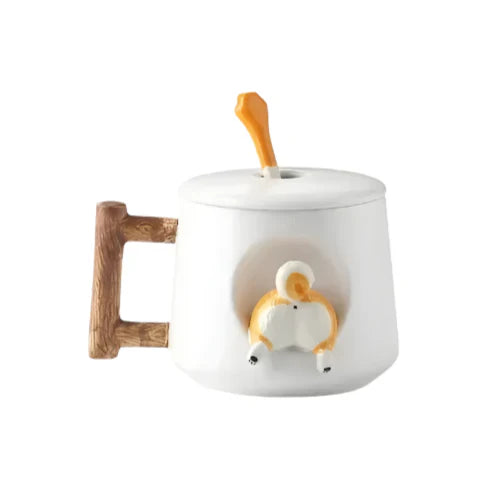 Shiba Inu Keramik-Paarbecher mit Löffel und Deckel – Charmante und kreative Kaffeetasse für Teeliebhaber – Niedlich und bezaubernd