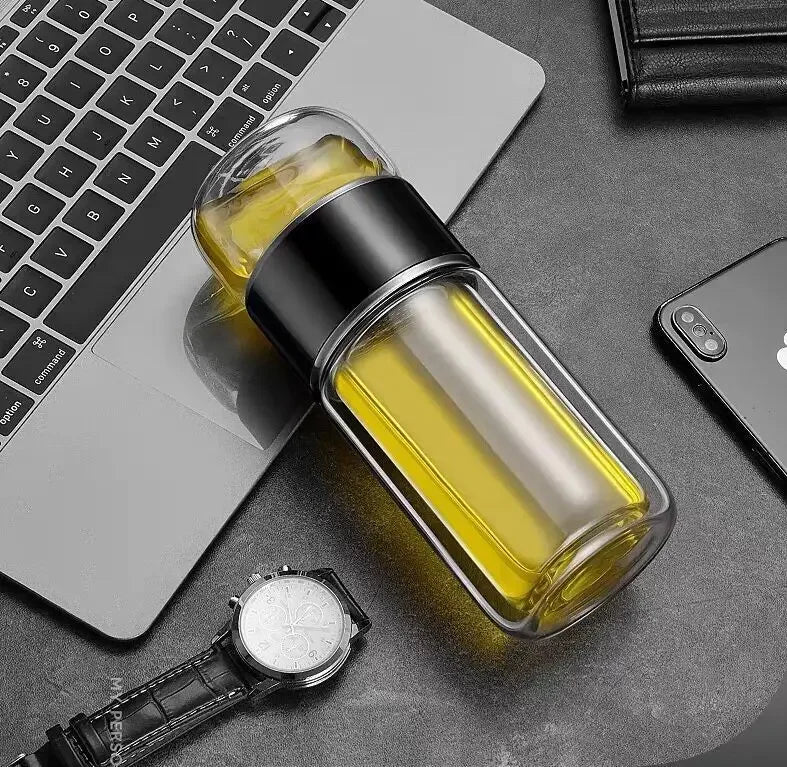 Glass Tea Infuser Bottle – Double-Wall, Separate Tea Chamber, Leakproof, 430 ml
