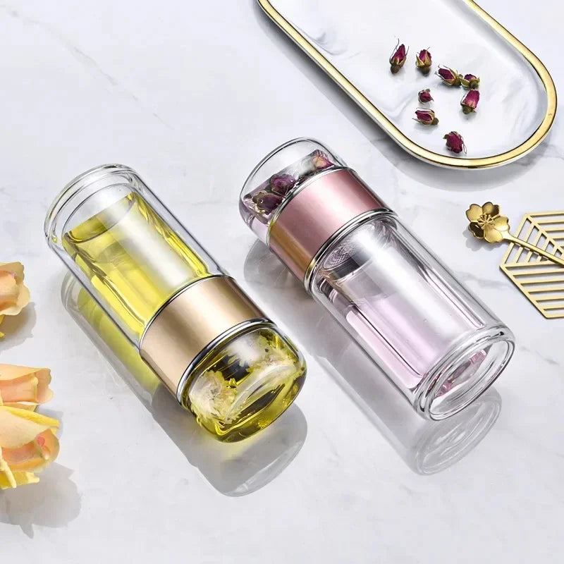 Glass Tea Infuser Bottle – Double-Wall, Separate Tea Chamber, Leakproof, 430 ml