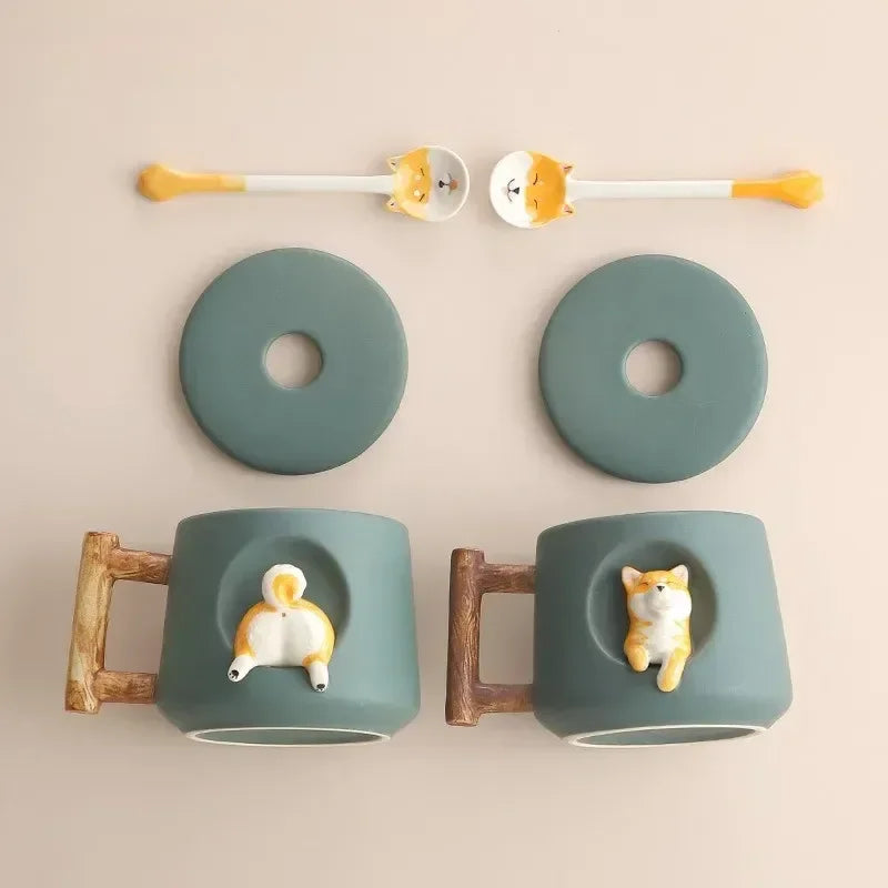 Shiba Inu Keramik-Paarbecher mit Löffel und Deckel – Charmante und kreative Kaffeetasse für Teeliebhaber – Niedlich und bezaubernd