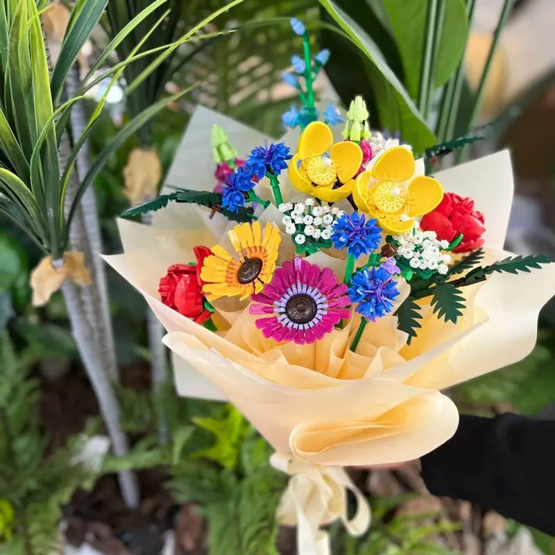 Blumen Lego Strauß Dekorationsset – Romantische Rose Künstliche Blume Erwachsene Pflanzenset (Valentinstagsgeschenk)
